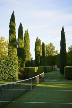 a tennis court surrounded by trees and grass