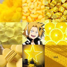 there are many different pictures with food in the middle one is yellow and the other has oranges