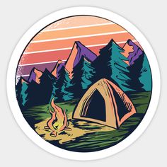 a sticker with a campfire and tent in the background