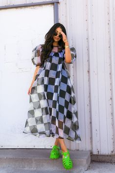 Star Energy Organza Dress in Checkerboard – Dressed in Lala Satin Playsuit, Dressed In Lala, Rad Clothes, Organza Dress, Sweater Collection, Checkered Pattern, Looks Style, Knit Set, Knit Sweater Cardigan