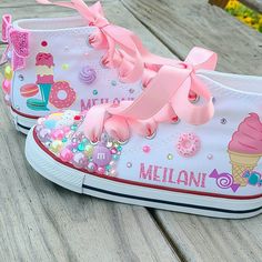 I can fully customize these to match your theme. Please let me know in the notes to seller box during checkout how you want them.  To visit my entire etsy shop please click here: cloversaigestudio.etsy.com Barbie Converse Shoes, Candyland Shoes, Cupcake Shoes, Bedazzled Converse, Personalized Converse, Shoe Cupcakes, Mickey Shoes, Candy Shoes, Painted Shoes Diy