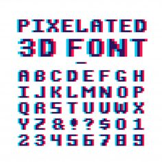 pixelated 3d font and numbers on white background with clipping out the upper letters