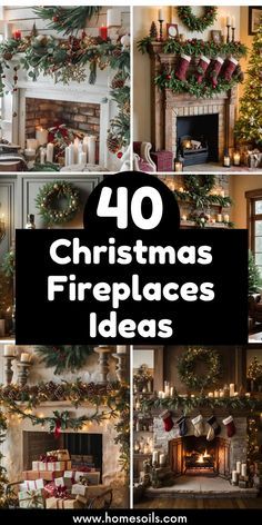 christmas fireplaces decorated with candles, stockings and wreaths are featured in this collage