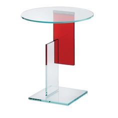 a glass table with a red piece on it's side and a white background