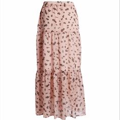 Pretty Petals Fall Gracefully On This Flowy Maxi Finished With Flouncy Tiers True To Size Small=4-6 Color: Pink Puff Floral 100% Polyester Tiered Skirt Hi Waisted Partially Lined Black Floral Petals Subtle Light Pink Plaid Like Detail Hidden Side Zipper New With Tags No Flaws Waist 14” Length 38” Casual Pink Maxi Skirt For Day Out, Pink Satin Skirt, Gold Metallic Skirt, High Low Maxi Skirt, Photo Shoot Outfits, Floral Print Maxi Skirt, Maxi Skirt Style, Tiered Maxi Skirt, Metallic Skirt