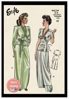 1940's Wartime Silk Pyjamas PDF Sewing Pattern Bust 32 | Etsy Wwii Fashion, Forties Fashion, Silk Pyjamas, Era Fashion, Early 60s, Ballet Fashion, Vintage Knitting Patterns, 1930s Fashion