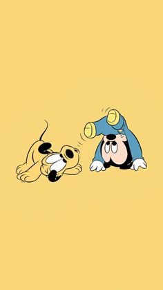 two cartoon dogs are playing with each other on a yellow background, one is wearing a blue hat and the other has a black and white dog