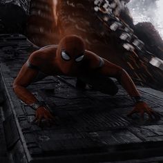 the amazing spider - man is on his knees in front of an enormous cityscape