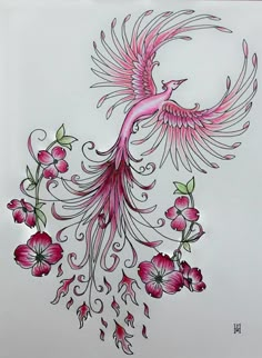 a drawing of a pink bird with flowers on it's back and wings flying in the air