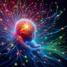 a child's head is surrounded by many colorful lights and wires in the shape of a brain