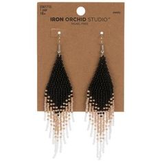 Dimensions: 3.5" x 1" x 0.08" Type: Ear Wire Material: Plastic & Metal Color: Black & White Metal Color: Gold Age Grade: 16+ Care & Safety: Nickel-Free Quantity: 1 Pair Enhance your classy outfit with these gorgeous Black Beaded Earrings! These earrings have a long diamond shape with various lengths of hanging beads that add brilliant dimension. Their classic black and white colors are sure to complement any outfit. Pair these earrings with a classic black and white clothing for a modern look! Black Dangle Jewelry For Summer, Black Jewelry For Summer Evenings, Black Evening Jewelry For Summer, Black Summer Evening Jewelry, Elegant Summer Jewelry With Faceted Beads, Black And White Beaded Earrings, Whitney Houston I Wanna Dance, Black And White Clothing, Black Beaded Earrings