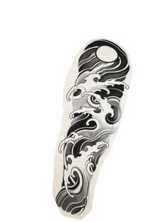 an artistic tattoo design on the side of a foot with black and white swirls