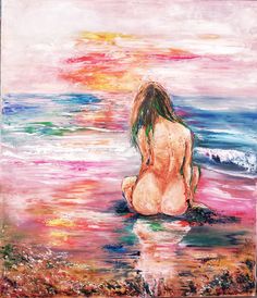 a painting of a naked woman sitting in the water at sunset or sunrise, looking out to sea