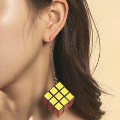 This Fun And Flirty Pair Of Drop Earrings Is A Wonderful Addition To Your Wardrobe And Your Style! This Unique Pair Is Sure To Get Lots Of Compliments! Cube Earrings, Puzzle Cube, Cube Puzzle, Earrings Accessories, Etsy Earrings Dangle, Shein Style, Earrings Color, Cute Earrings, Green Yellow