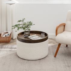 a living room with a chair, table and potted plant on the coffee table