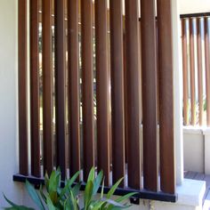 a window with wooden slats in front of it and a potted plant next to it