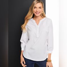 Talbots Blouse White New With Tags 100% Cotton H5 Please Note First Photo Is Stock Photo. Maybe Slightly Different. Smoke Free Home Business Casual Summer, Band Collar, Casual Everyday, Three Quarter, First Photo, Cotton Shirt, Pure Cotton, Work Wear, Top Blouse