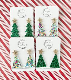 Get into the spirit of the holidays with these cute glitter tree earrings. Each pair of earrings are cut from your choice of green glitter or confetti acrylic, connected to a sparkly gold glitter star, and then attached to the backing of your choice.  Choose between Stainless Steel or 925 Sterling Silver posts.  Please note that colors may appear slightly different due to differences in computer monitor settings. Each pair is handcrafted and slight imperfections may occur. Resin Holiday Earrings, Christmas Resin Earrings Diy, Green Glitter Earrings As A Gift, Green Earrings For Holiday Parties, Resin Christmas Earrings, Christmas Resin Earrings, Christmas Earrings Diy, Holiday Earrings Diy, Acrylic Earrings Laser Cut