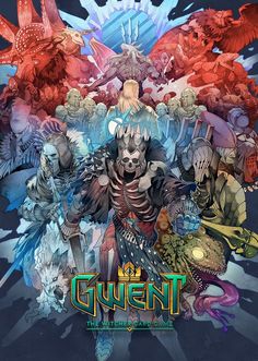 an image of the game's characters surrounded by monsters and other creatures, all in different colors