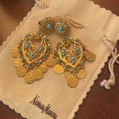 Purchased From Neiman Marcus 3 Inch Length Like New Condition Simply Gorgeous Earring Backs Cone With Protective Plastic Never Worn Turquoise And Gold Jewelry, Jasmine Jewelry, Casual Jewellery, Fashion Jewelry Necklaces Gold, Chand Bali, Diy Beaded Rings, Neck Pieces Jewelry, Gold Jewelry Simple Necklace