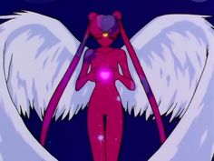 an anime character with white wings and pink body holding a purple ball in her hand