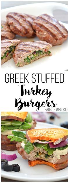 greek stuffed turkey burgers with lettuce, tomato and cheese on the side