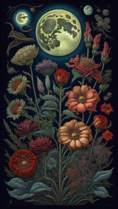 a painting of flowers with the moon in the background