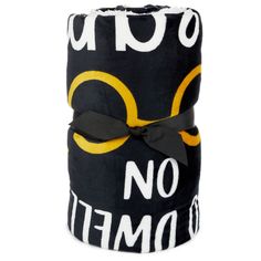 a black and yellow blanket with the words on it that says, no bedtime