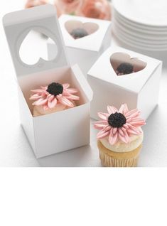 three cupcakes with pink flowers in white boxes