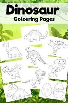 the dinosaur coloring pages are in front of some green plants and trees, with pictures of dinosaurs