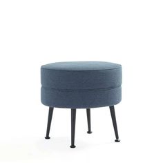 a small stool with black legs and a blue upholstered seat