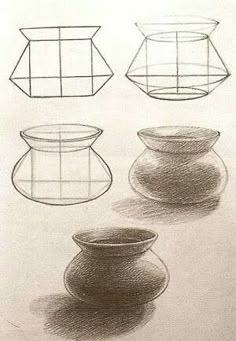 four different shapes and sizes of vases are shown in this drawing lesson for beginners