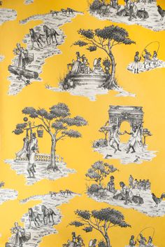 a yellow wallpaper with black and white images on it's sides, depicting people in the park