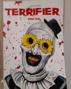 a painting of a creepy clown with sunflowers in his eye and hat on