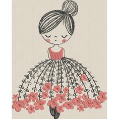 a cross stitch pattern with a girl in a dress and flowers on the bottom of her skirt