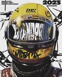 a man wearing a yellow helmet with graffiti on it