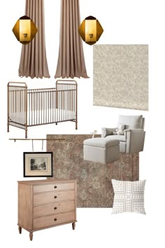 a living room with furniture and decor including a baby's crib, chair, dresser