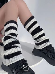 Black and White  Collar  Fabric Striped  Embellished   Women Socks & Hosiery Estilo Harajuku, Leg Warmer, Women Legs, Socks And Hosiery, Leg Warmers, Cute Shoes, Socks Women