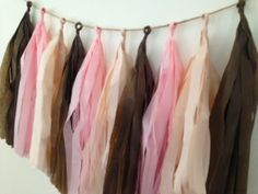 several different colored feathers hanging from a string on a white wall with brown and pink ribbons