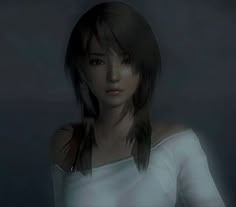 a woman with long brown hair standing in front of a dark background wearing a white shirt