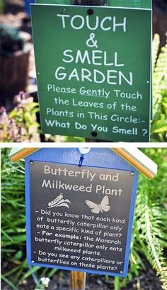 there are two signs in the garden that say to touch & smell and smell plants