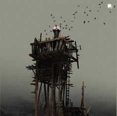 a man standing on top of a wooden structure with birds flying over it in the sky