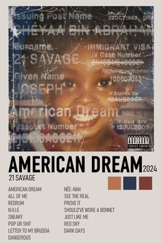 an american dream poster with the names of various countries and numbers on it's side