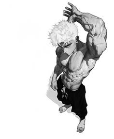 a drawing of a man with white hair and no shirt on, jumping in the air