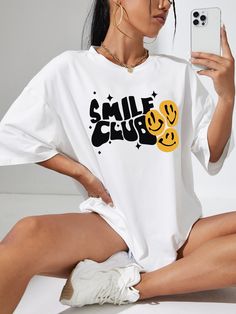 White Casual  Half Sleeve Polyester Cartoon,Letter  Embellished Slight Stretch Summer Women Tops, Blouses & Tee Smile Club, Casual Tees Women, Printed Tee Women, Cartoon Shirts, Drop Shoulder Tee, Shirt Design Inspiration, Tshirt Outfits, Tees For Women