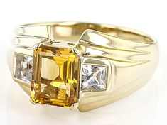 2.02ct Rectangular Octagonal Brazilian Citrine With 0.71ctw Princess Cut White Topaz 18k Yellow Gold Over Sterling Silver Men's Ring. Measures Approximately 0.63"L x 0.38"W. Not Sizeable. Yellow Topaz Ring, Marriage Astrology, Themed Weddings, Fancy Rings, Sterling Silver Mens Rings, Men Ring, Yellow Citrine, Mens Silver Rings, Sterling Silver Mens