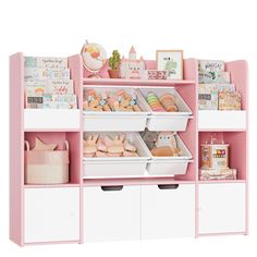 a pink shelf filled with lots of toys and other items on top of white drawers