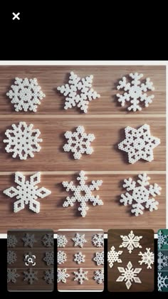 several snowflakes are shown on a wooden surface with different colors and shapes to choose from