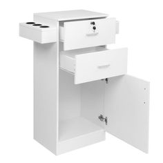 an open white cabinet with two drawers