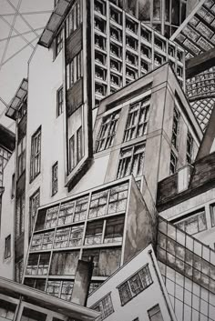 this is a drawing of some buildings in the city with windows and balconies